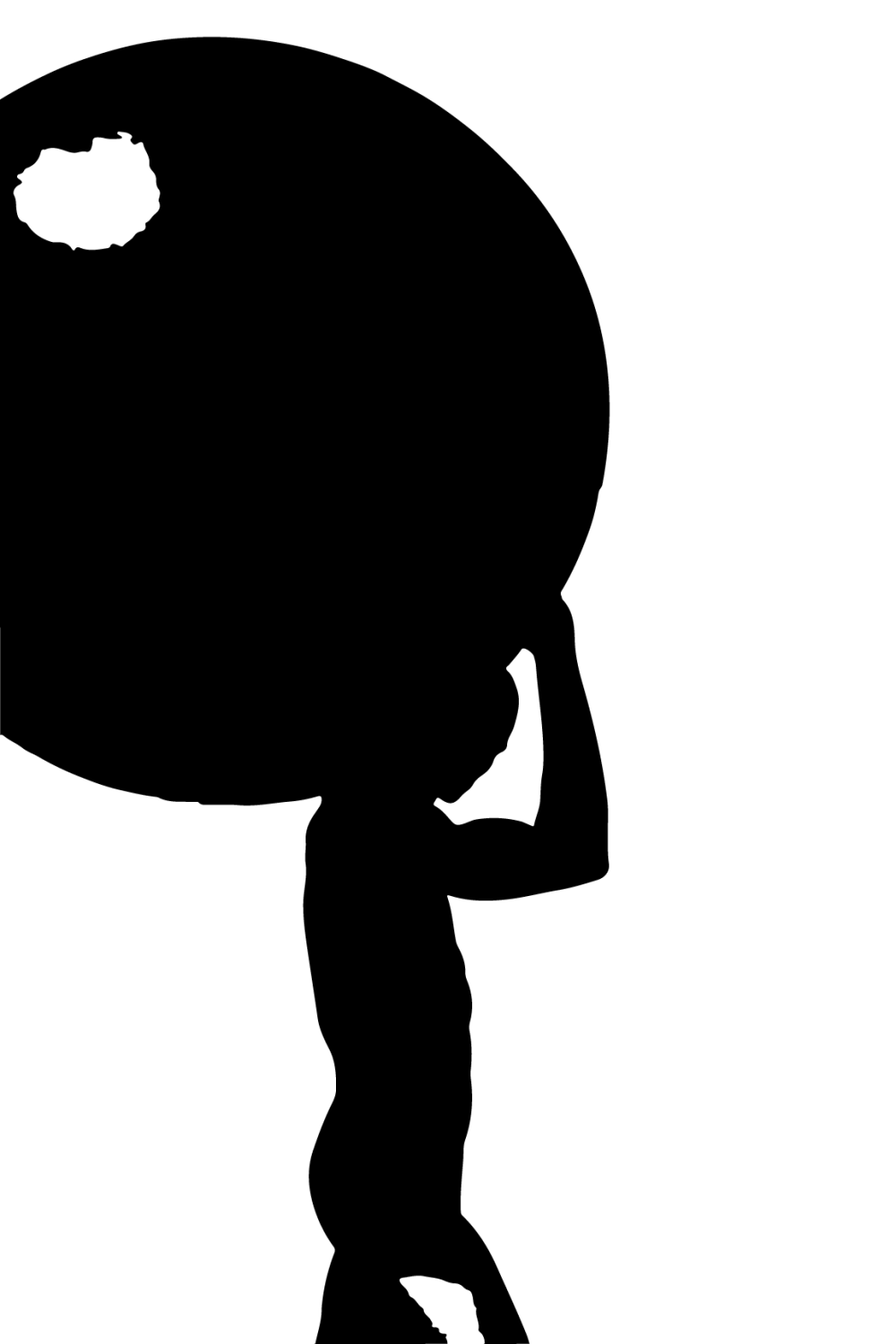 Black illustration of someone carrying a big boulder on their shoulders up a hill