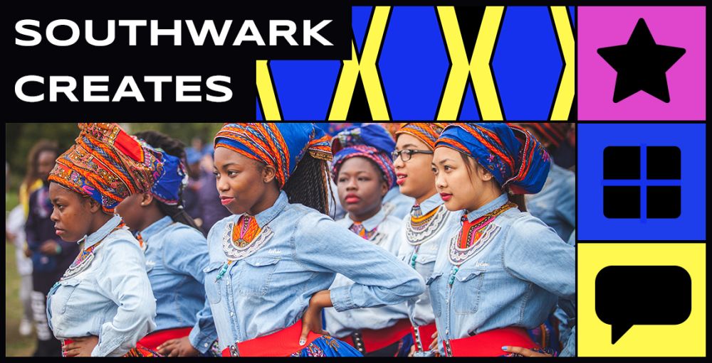 Twitter post showing dancers, with a graphic border designed by a student.