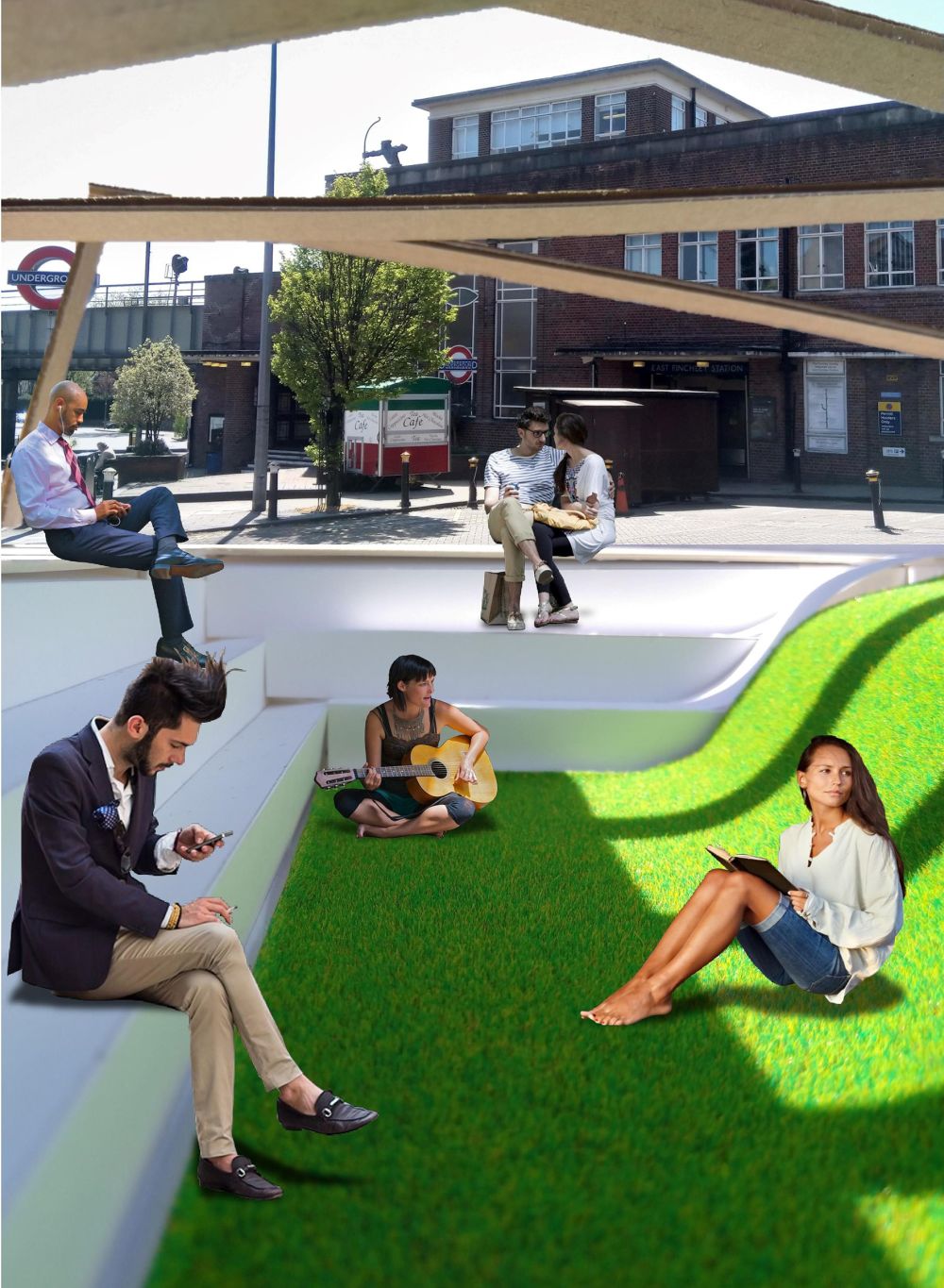 Collage of structure with people sitting and walking around it