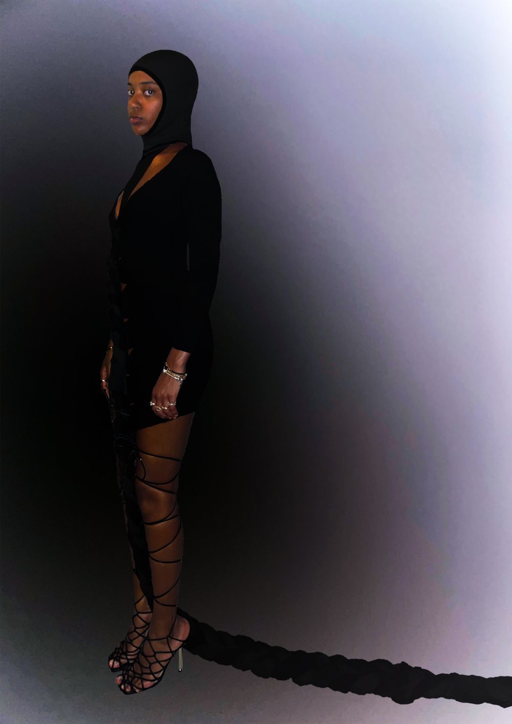 Final garment on model with black and diffused white background