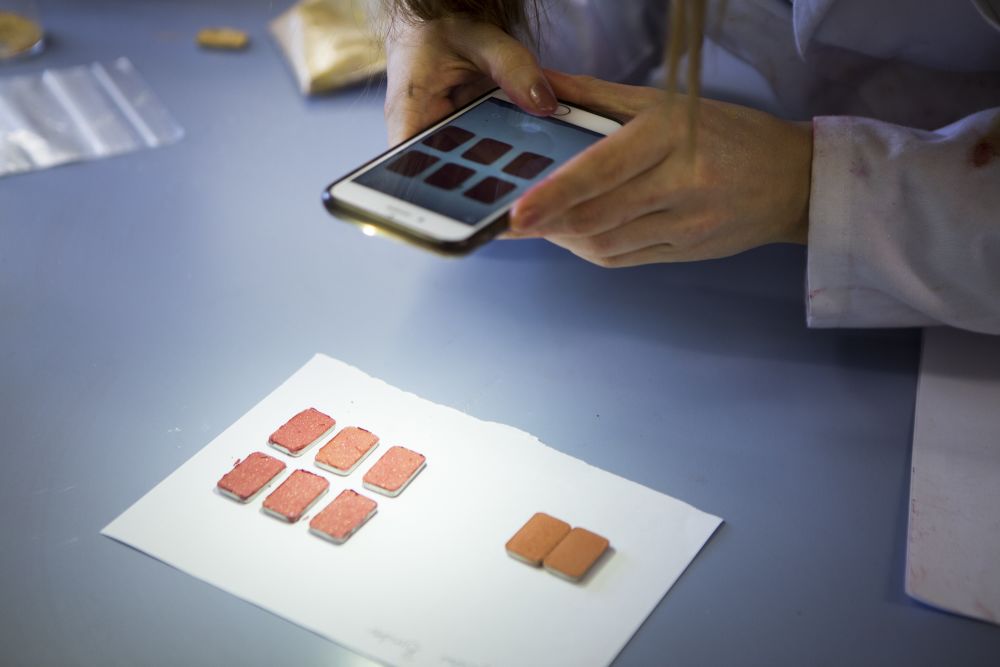student taking photo of raw material