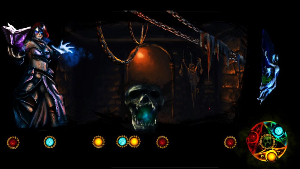 Image from a student-made video game showing a character in purple armour standing without a dimly lit space with lights and chains.