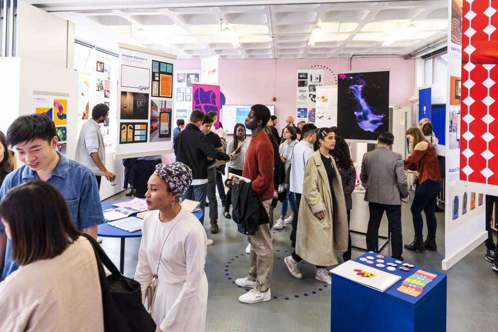 Student work in gallery spaces at London College of Communication 