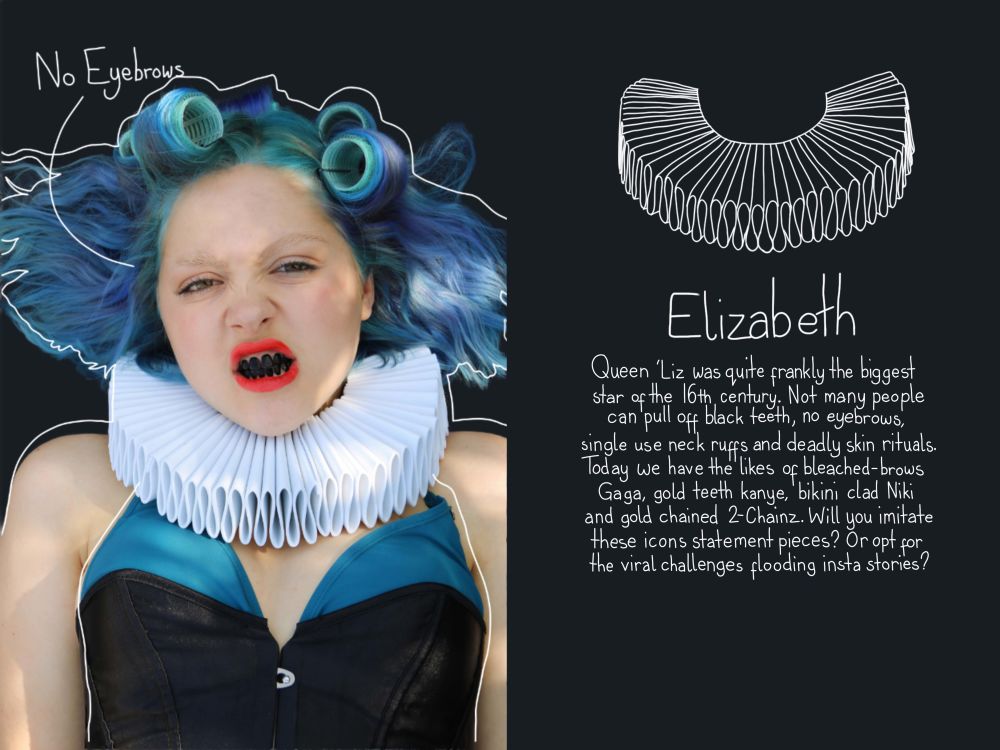 Woman with black teeth, blue hair and ruff