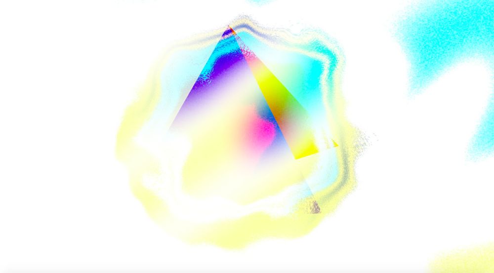 A motion still which shows a colourful pyramid growing from a dissolving yellow bubble.