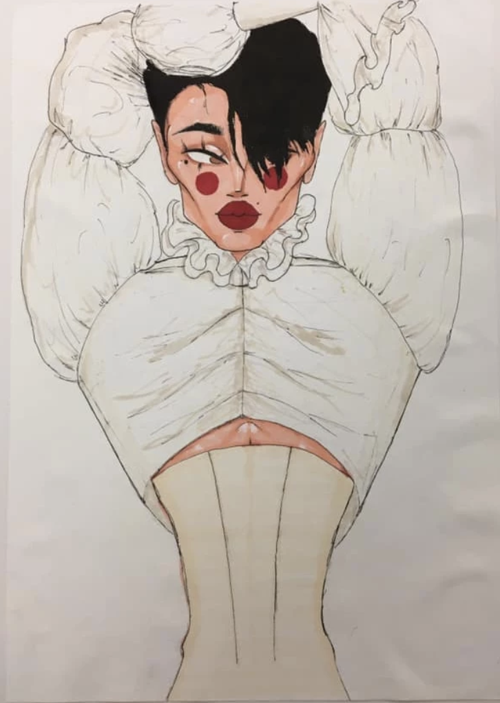 Student sketch of a dramatic redesign of a white shirt.