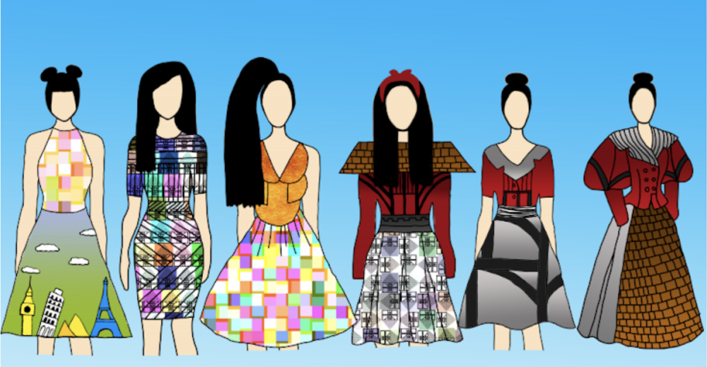 A series of colourful fashion designs for dresses and skirts..