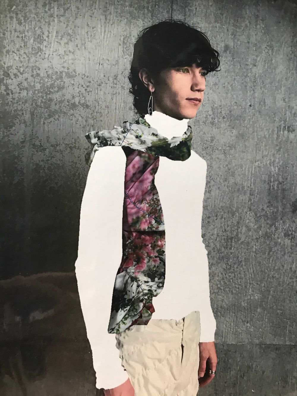 Photo-collage of figure with shirt and floral scarf