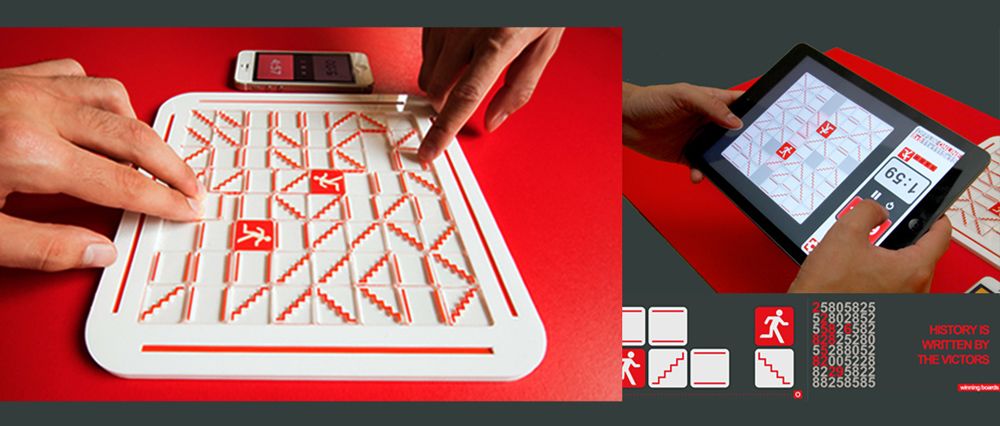 View of an analogue games board - white and red, split up into squares on which there are red staircases and stick figures running. The other image shows a player interacting with a digital version of the same game. 