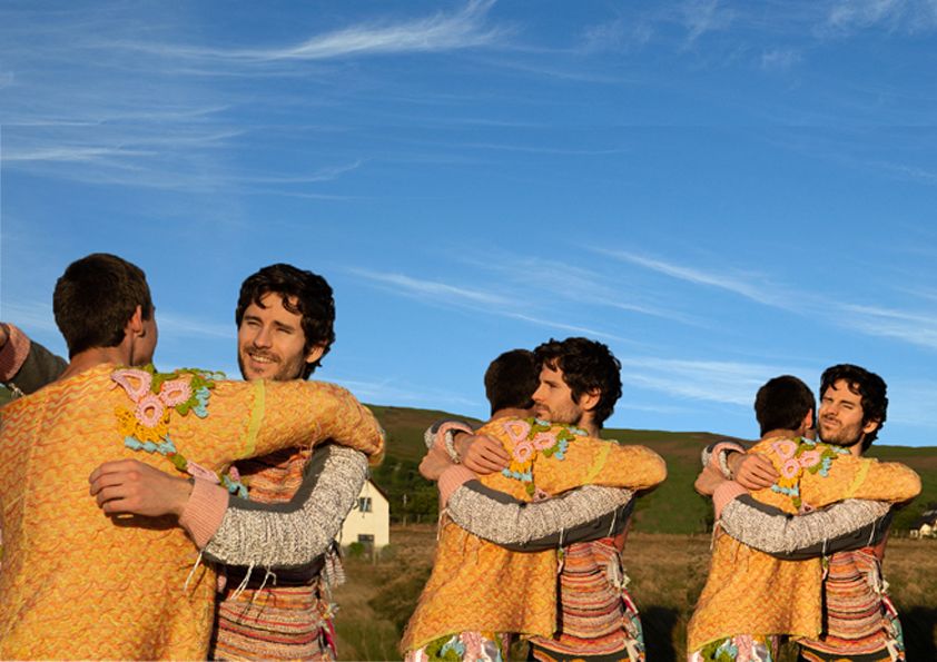 Photo-montage of people hugging wearing colourful knitwear