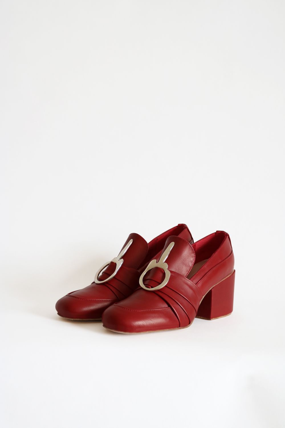 Red block heel shoes with buckle