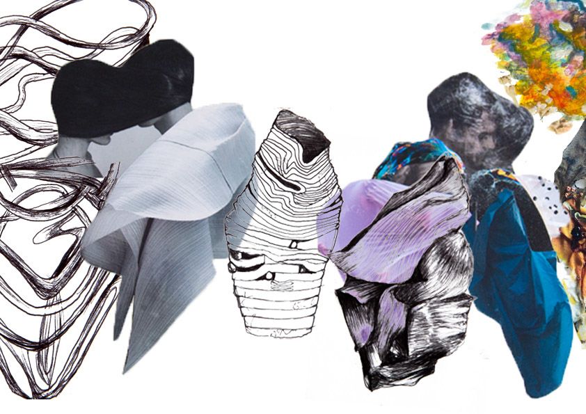 Sketchbook spread with coloured forms and crochet details