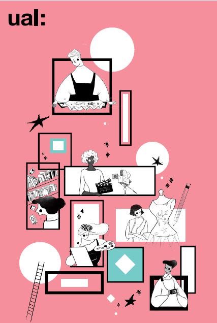 Black and white digital illustrations of the creative courses we offer at UAL on a pink background.