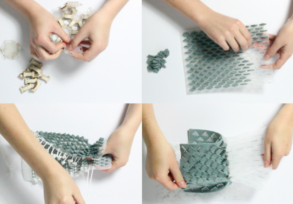 four images showing hands tearing fabric components apart