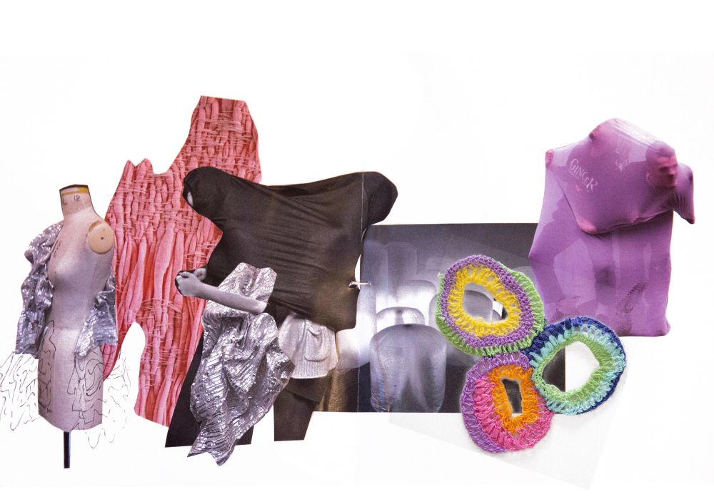 Sketchbook spread with coloured forms and crochet details