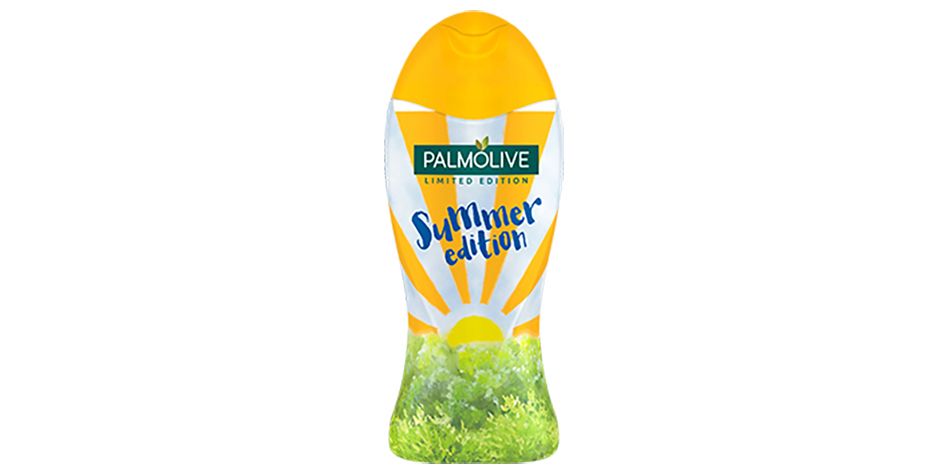 A bottle of palmolive shampoo, the bottle has grass upon it 