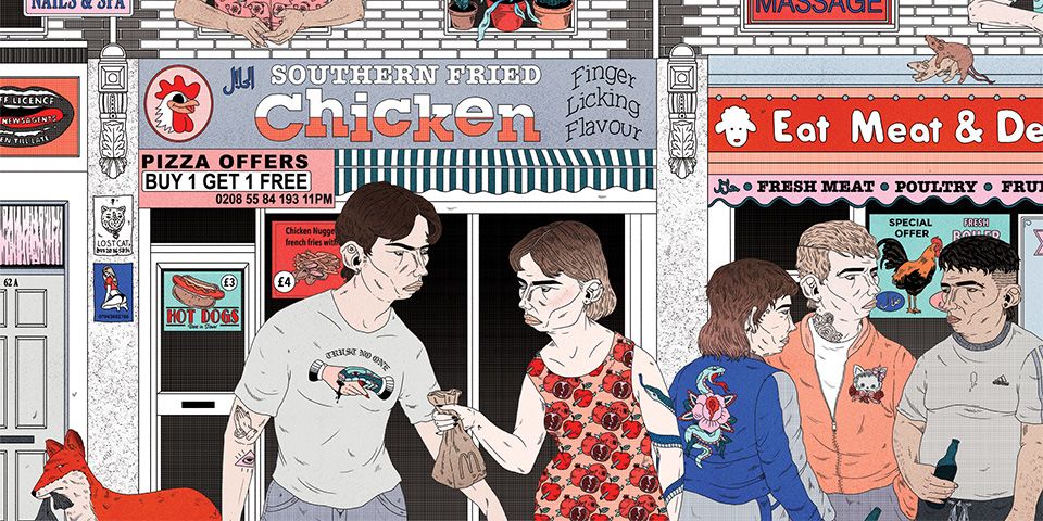 A brightly coloured illustration showing people standing outside a chicken shop and a butchers