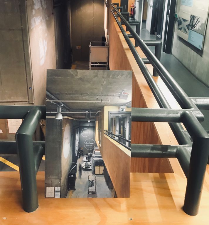 An image of a photgraph of a walkway, on the walkway at the national theatre