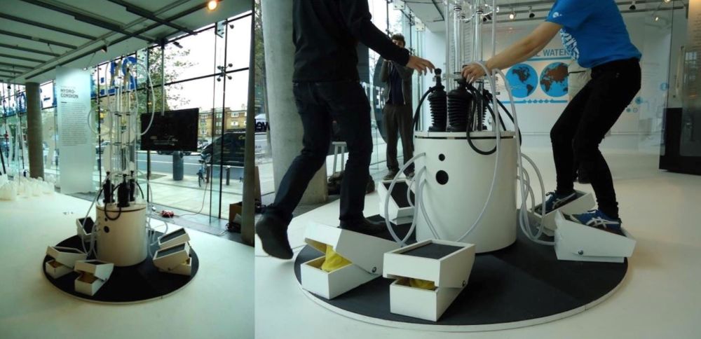 Two images of the Hydrochordion, an instrument using foot presses which created sound with water and air