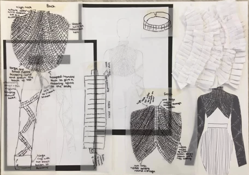 Inside a student's sketchbook exploring new designs for white shirts.