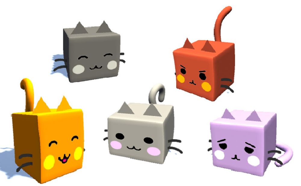 Five animations of cats, made of colourful cubes with triangular eyes and line-drawn whiskers and faces.