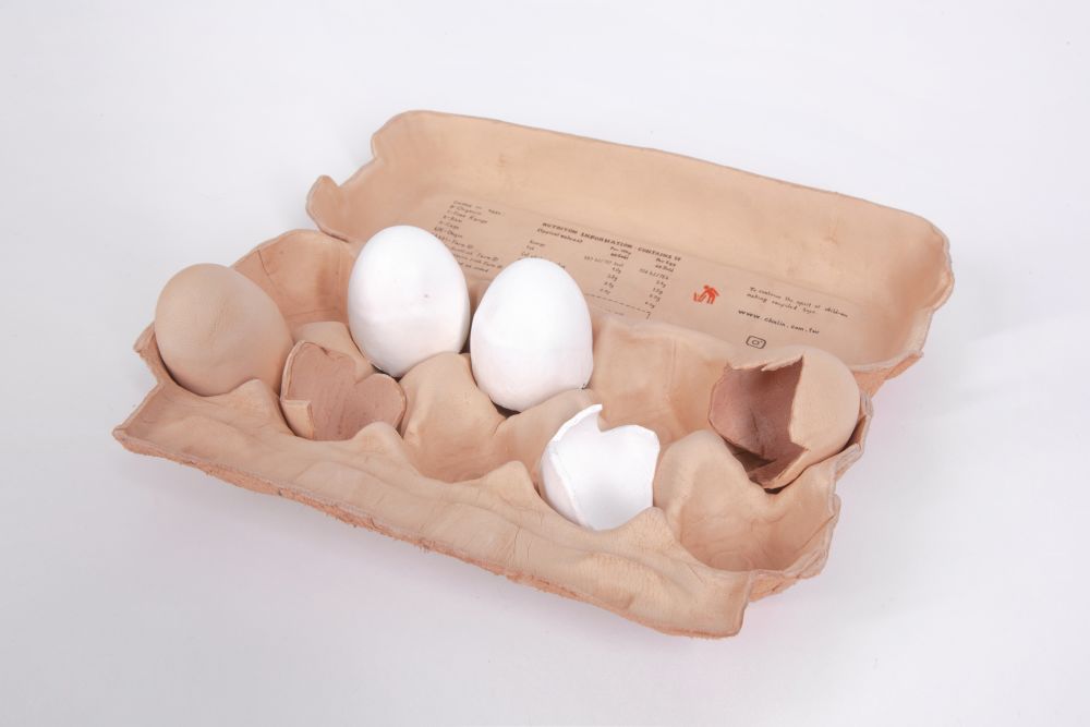 egg box artefact with a three eggs and three broken eggshells