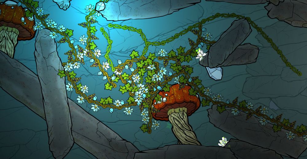 Design for a computer game. Upward view in a subterranean environment with green foliage and mushroom-like structures.