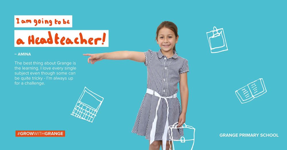 Promotional poster for Grange Primary School showing a child with the text 