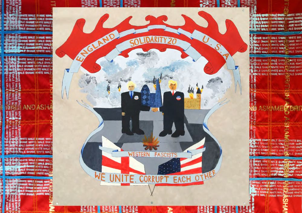 Painting of Trump and Boris Johnson with 'We unite corrupt each other' written beneath