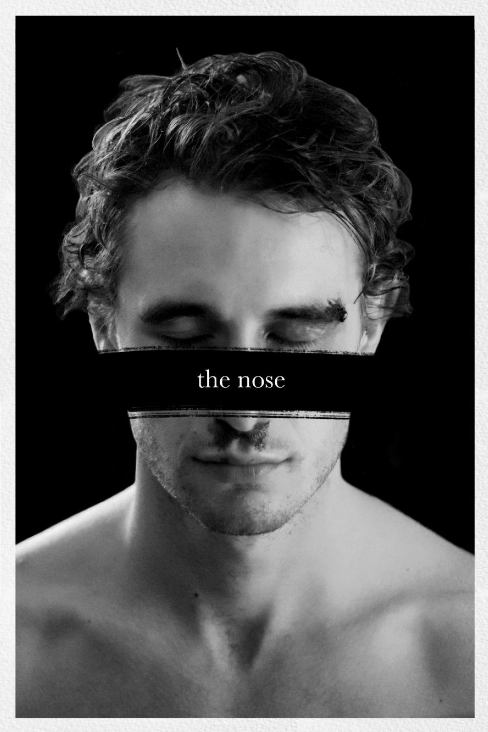 A greyscale image of a man's profile covered by the words, 'the nose'.