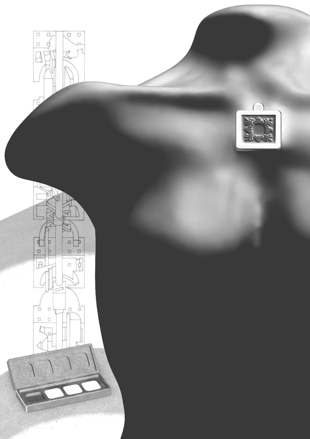 A stylised black‑and‑white image of a person’s back with a square pendant resting between the shoulders, accompanied by abstract geometric drawings and an open makeup compact in the background.