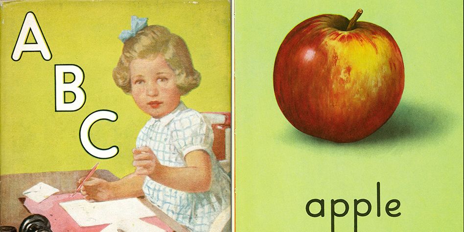 Two illustrations, one of 'ABC' the second of an apple