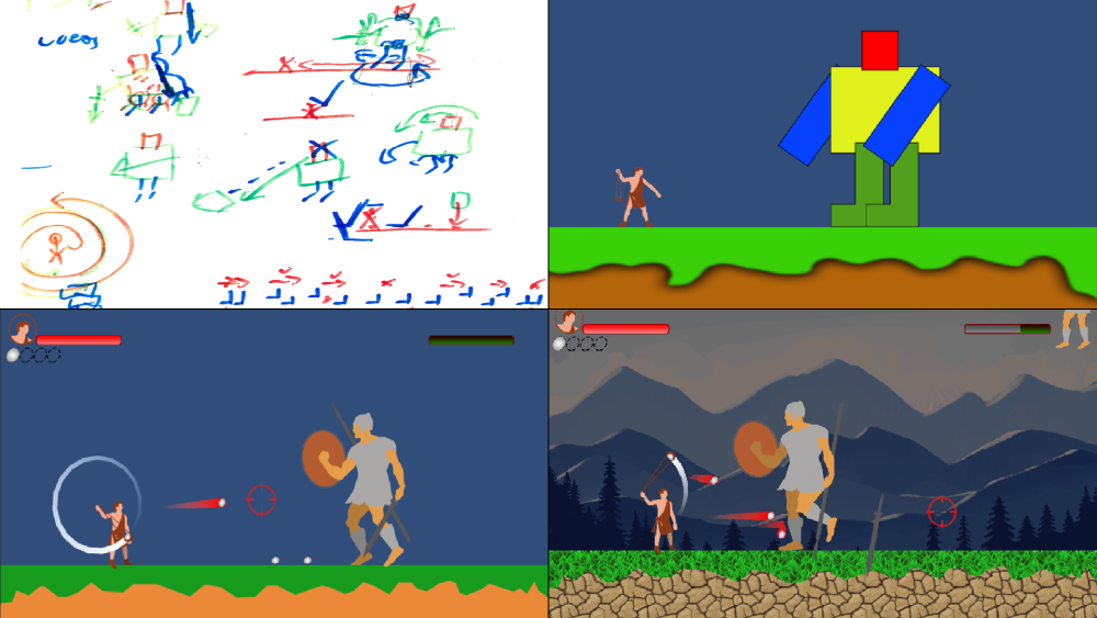 grid of 4 images showing development from paper to digital. screenshot displays the battle between a small David and a large Goliath.