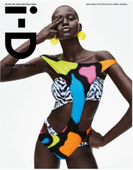 an ID magazine cover with a woman covering her eye wearing a colourful swimsuit