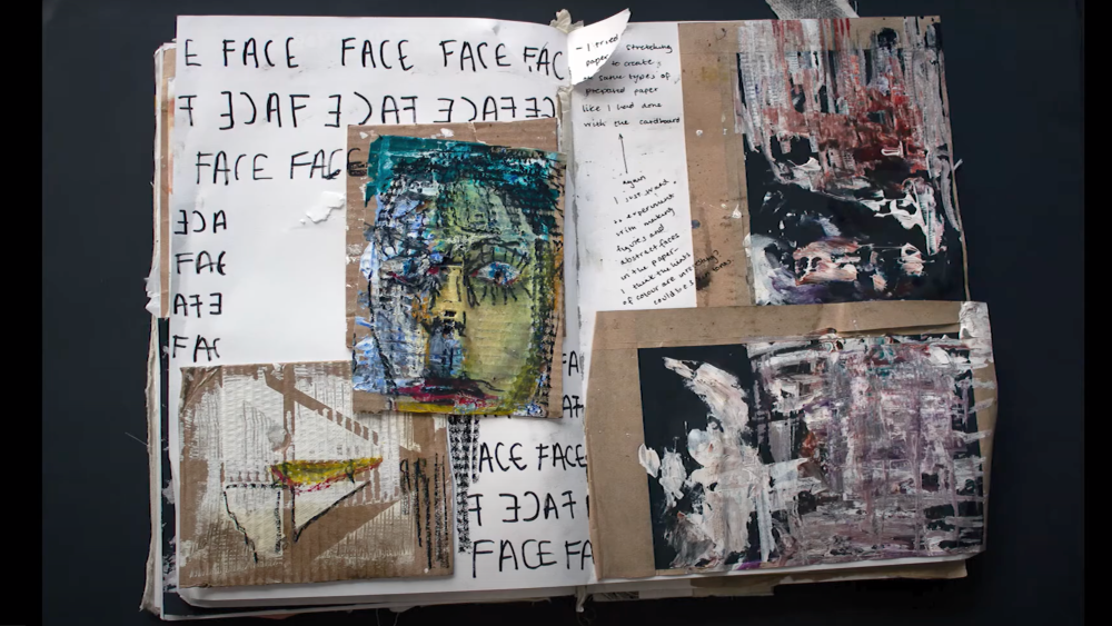 Sketchbooks with samples of painting faces onto cardboard