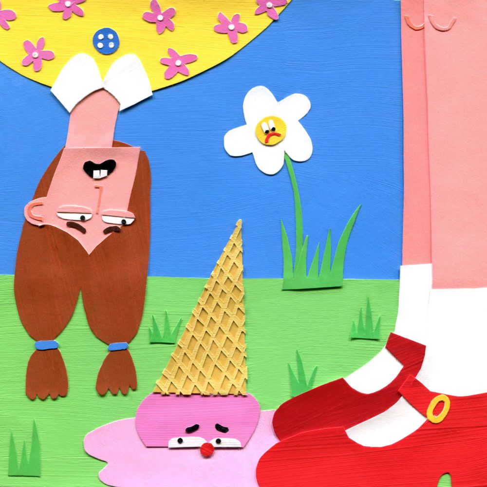 Illustration of girl looking at dropped ice cream