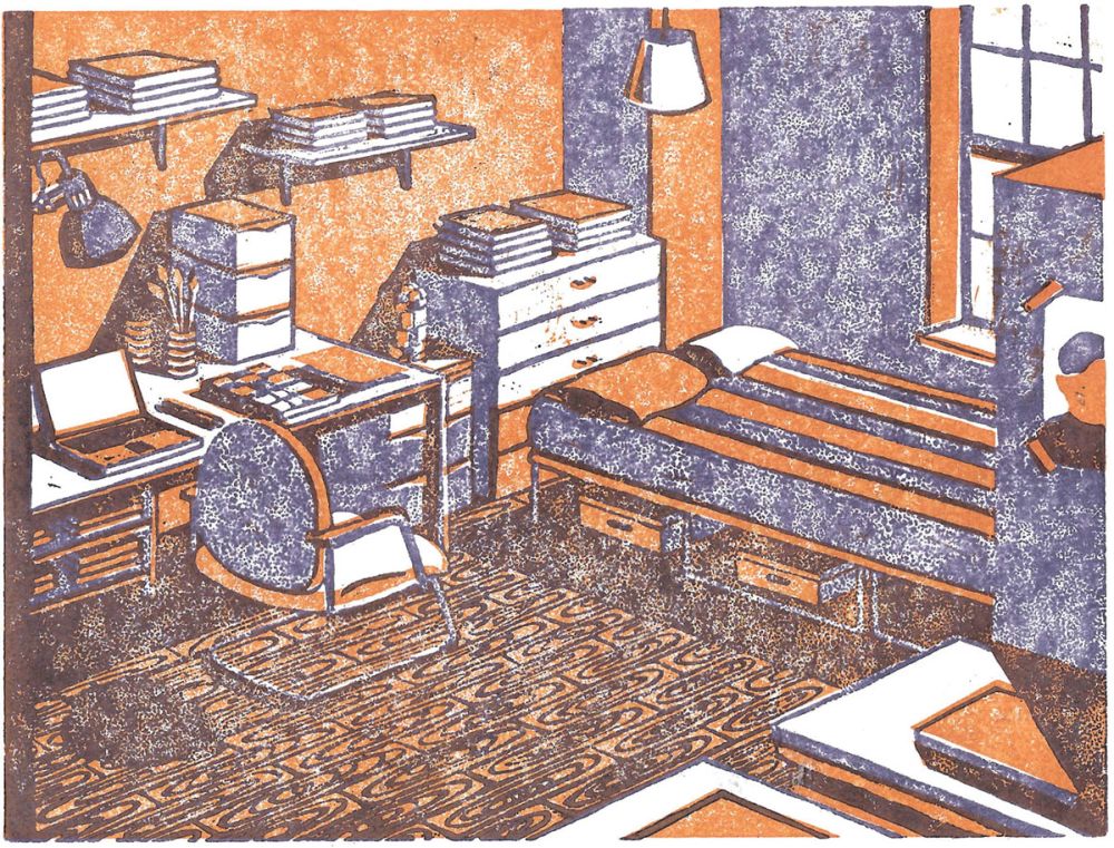 An illustration of bedroom furniture in tones of orange, brown and mauve.
