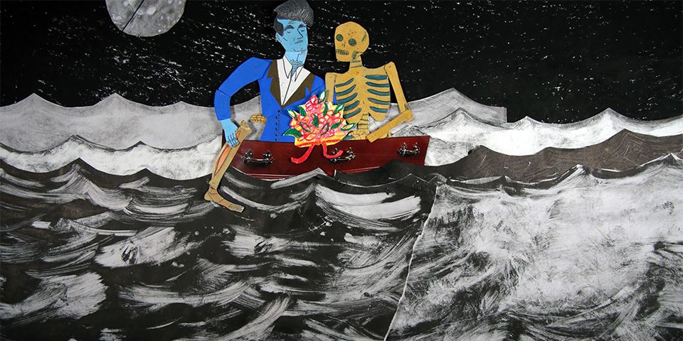 An illustration of two a man and a skeleton sat in a red boat on a black and white sea