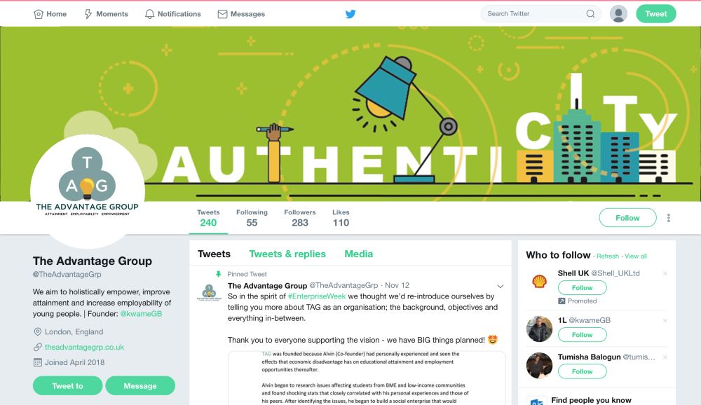 Example designed Twitter page for client, with illustrative banner.