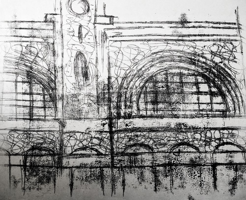 A black monoprint of a building exterior depicting arches and windows.