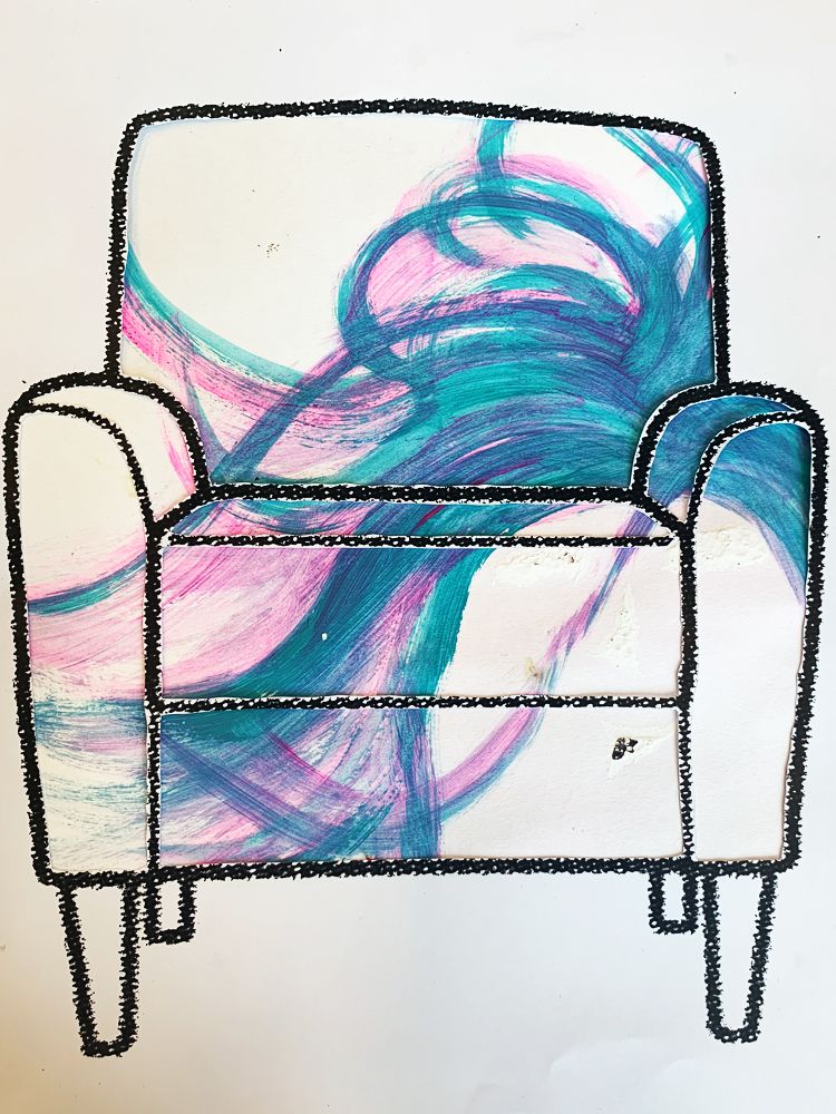 Chair illustration with painted blue and purple textile design.