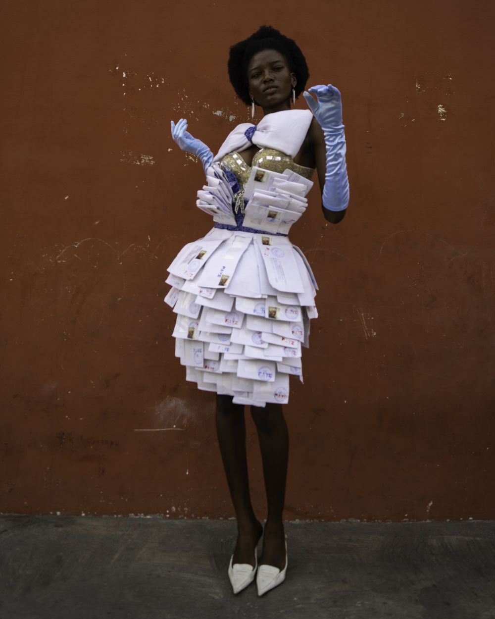 Outfit designed by BA (Hons) Creative Direction for Fashion student, Delali Ayivi, made from letters.