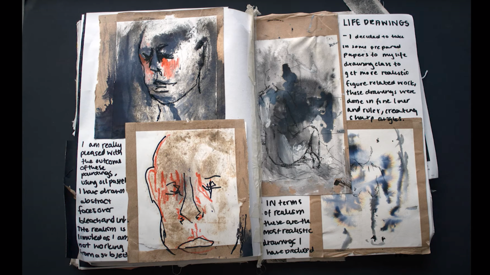 Sketchbook with life drawings and annotations