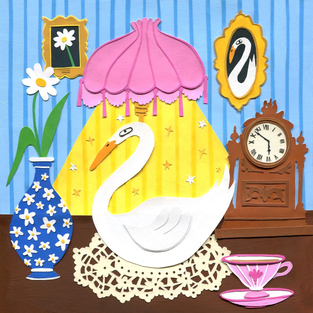 Illustration of a swan sat under a lamp