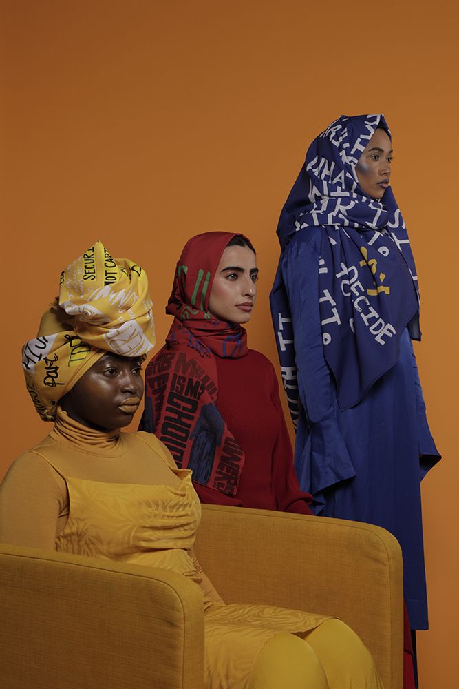 3 female models wearing hijabs in red, yellow and blue