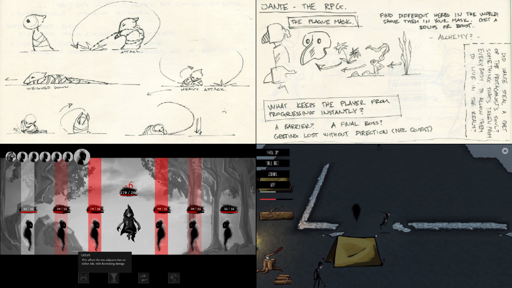 grid of 4 images showing development from paper to digital. Screenshot shows dark spooky image with ghost like characters