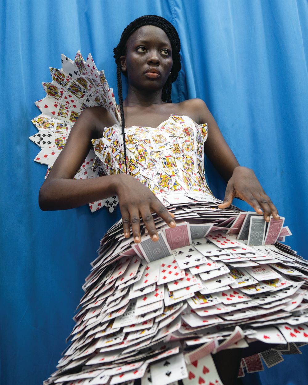 Outfit designed by BA (Hons) Creative Direction for Fashion student, Delali Ayivi made from playing cards.