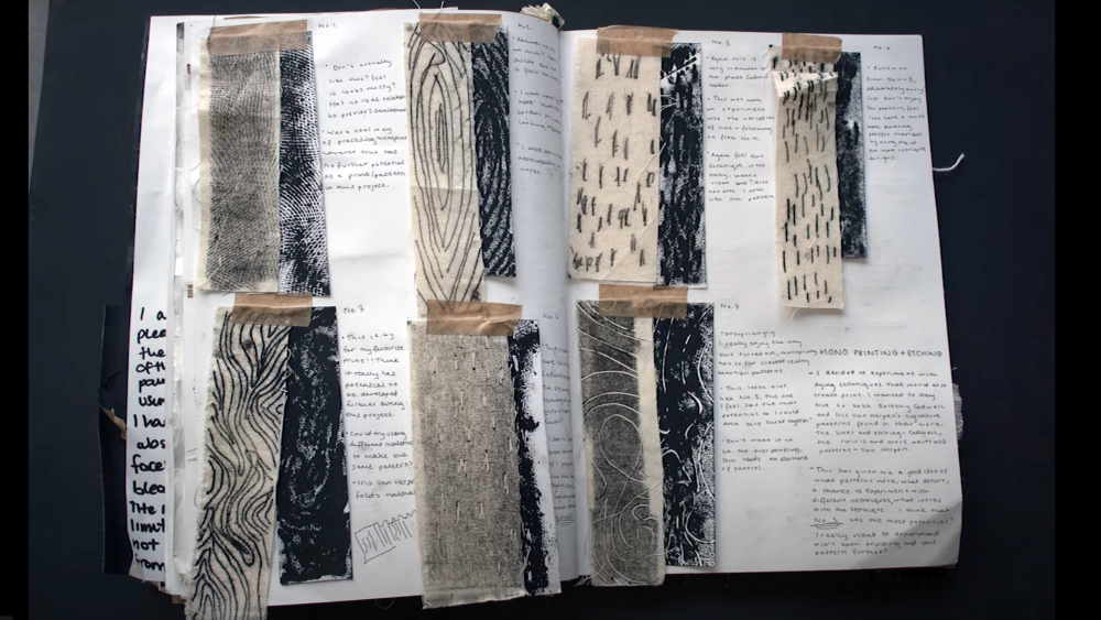 Sketchbook with patterned fabric swatches and annotations