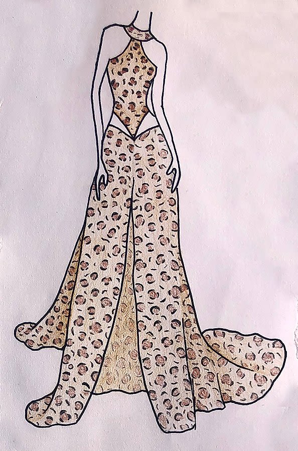Drawing of model wearing leopard print dress