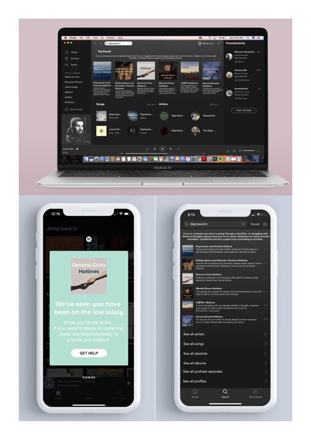 Image depicts Gloria's prototypes for various developments on the Spotify streaming platform.